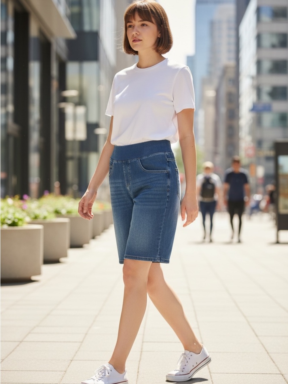 Halara Blue Stretch Denim Bermuda Shorts High Rise Pull On Size Small